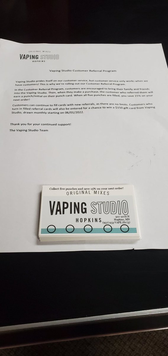 Vapingstudio's tweet image. Have you picked up a card for our referral program? When you fill all 5 punches, you get 15% off your next order AND entered in for a chance to win $150 in store credit! #vape #Sweepstakes #supportlocalbusiness