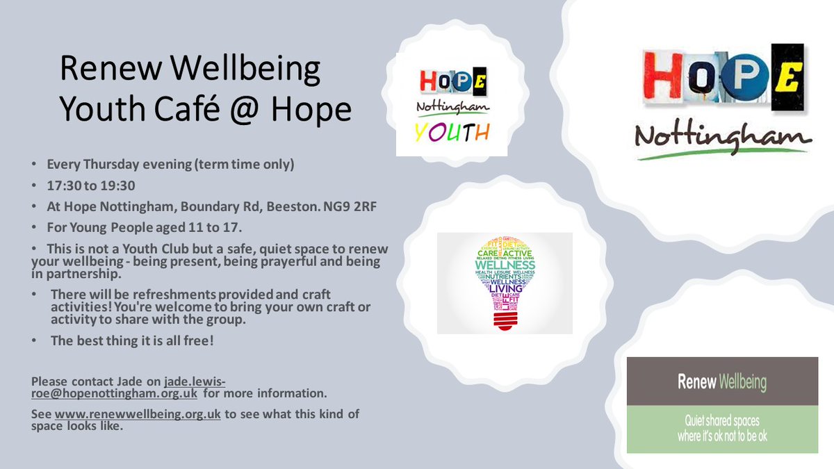 Don't forget our Youth Café is open this evening 17:30 to 19:30 at Hope House, Beeston 😀 There will be lots of activities plus pizza and fresh fruit! #wellbeingmatters #youthworkchangeslives #YouthWorkMatters #youarenotalone #renewwellbeing #HopeNottingham