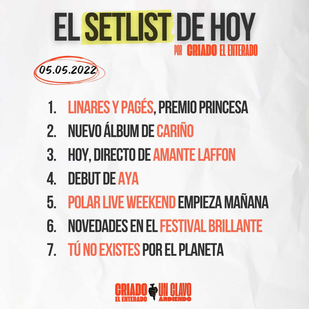 unclavoardiendo's tweet photo. 📄 #ELSETLISTdehoy por @CriadoEnterado
1⃣ #PremioPrincesadeAsturias
2⃣ @cariniopop
3⃣ @amantelaffon
4⃣ @ayamusica_
5⃣ #PolarLiveWeekend
6⃣ @festbrillante
7⃣ @tnexistes
Os leemos sugerencias y más noticias en comentarios.
¡Dentro hilo! https://t.co/nwd3BIrZQ1