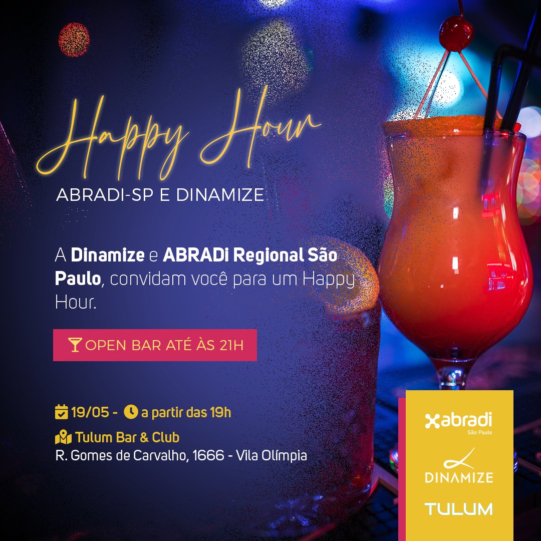 abradi_sp's tweet photo. Quer participar de um momento descontraído e networking?
Convidamos você, associado da ABRADi Regional São Paulo, a participar de um Happy Hour realizado pela @dinamize, um grande parceiro da entidade.

Basta se inscrever pelo link: https://t.co/VVWsP3PFFe https://t.co/8KbaRa7G93