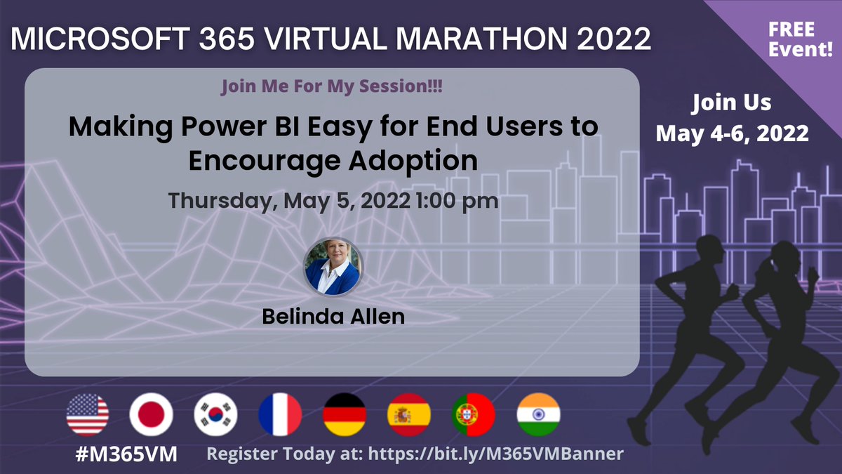 MsBelindaAllen's tweet photo. I'm excited about my session today at the #Microsoft 365 Virtual Marathon, which is going on right now.  You can still watch sessions live, register with this link   https://t.co/FyVEtKFf2E   #M365 #PowerB #M365VM https://t.co/uL8BKRlgII