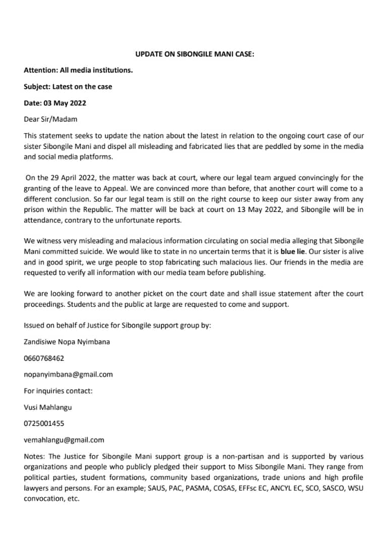 #Justice4Mani Sibongile is alive stop spreading lies. <a href="/Justice4Mani/">Justice4SibongileMani</a> <a href="/Newzroom405/">Newzroom Afrika</a> <a href="/City_Press/">City Press</a> <a href="/SABCNews/">SABC News</a> <a href="/News24/">News24 🇿🇦</a> <a href="/IOL/">IOL News</a> <a href="/Dispatch_DD/">Daily Dispatch</a> <a href="/SowetanLIVE/">Hanh Thien</a> <a href="/phethani4/">For A Marxism Without Guarantees</a> <a href="/MoelaTshiamo/">Tshiamo Moela</a> <a href="/BongeMacupe/">Bongekile Macupe</a> <a href="/NatashaN_Phiri/">Natasha Nokuthula Phiri</a>