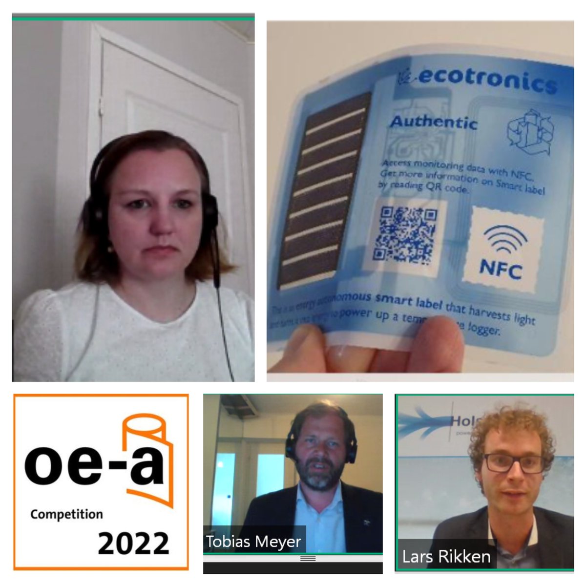 OEAonline's tweet photo. LIVE now part II
Applause to VTT & Tampere University for winning the OE-A Competition in the category Best Publicly Funded Project Demo!
@LiisaHak live on stage now, presenting #ECOtronics, the smart label printed on bio-based plastic. https://t.co/SBG6XcnHIk