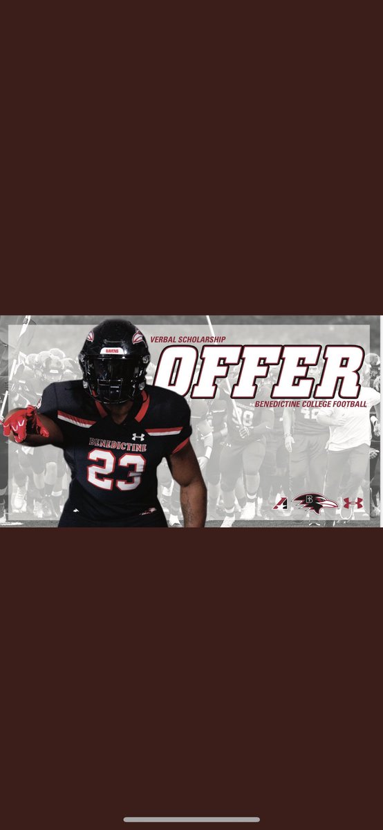 After a great conversation with <a href="/BradHines17/">Brad Hines</a> , i am beyond blessed to receive my first offer from Benedictine college <a href="/RavenFootballBC/">Benedictine Football</a> <a href="/DHSPioneerFB/">Pioneer Football</a> <a href="/JPRockMO/">JP Rock</a> <a href="/GSV_STL/">Gateway Sports Venue</a> <a href="/TColeman_1/">Tyler Coleman</a>