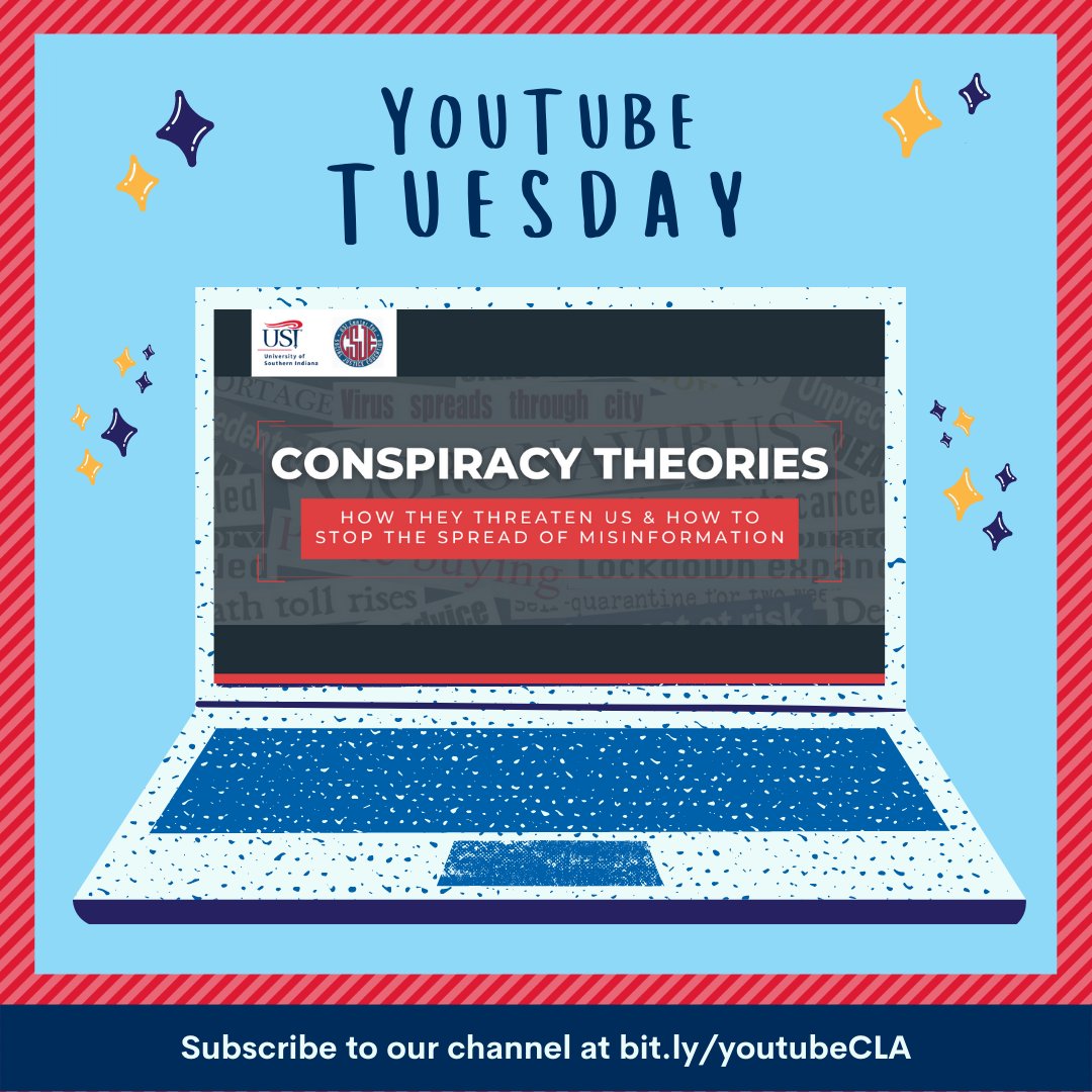 USI_LiberalArts's tweet photo. Catch up on all the great events you may have missed on YouTube Tuesdays! See “Conspiracy Theories: How They Threaten Us & How to Stop the Spread of Misinformation” and more from the College of Liberal Arts at https://t.co/Yf0oz4PAyH. #Conspiracy #LibArts #CriminalJustice #USIedu https://t.co/J5emfJjNdJ