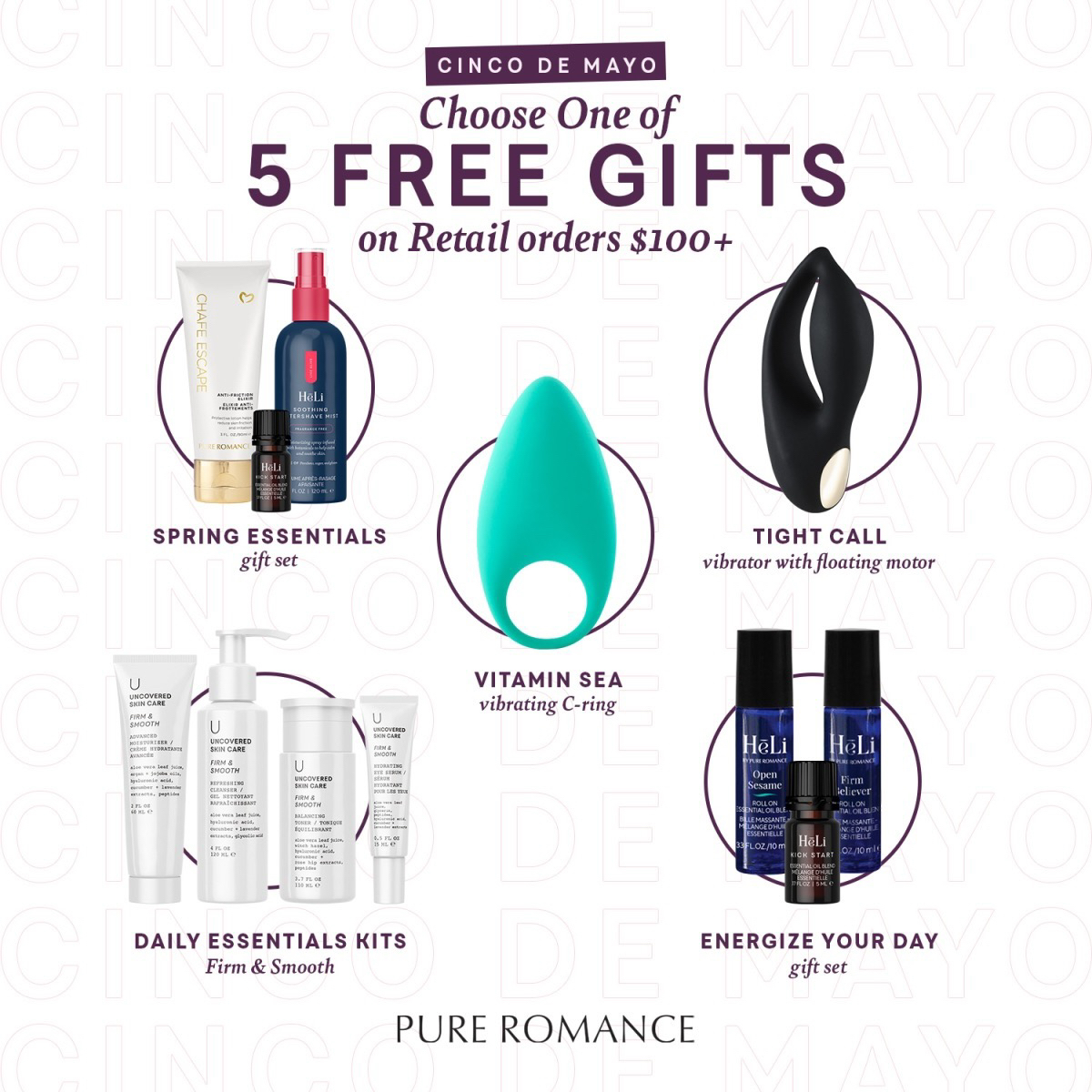 Pure Romance on Twitter: "¡Put the “cinco” in your #CincodeMayo!☀️🇲🇽💃🏻  5 different gift sets are up for grabs when you spend $100+ in retail  product today! https://t.co/7kBwS3myJk https://t.co/jcIpXcewt8" / Twitter