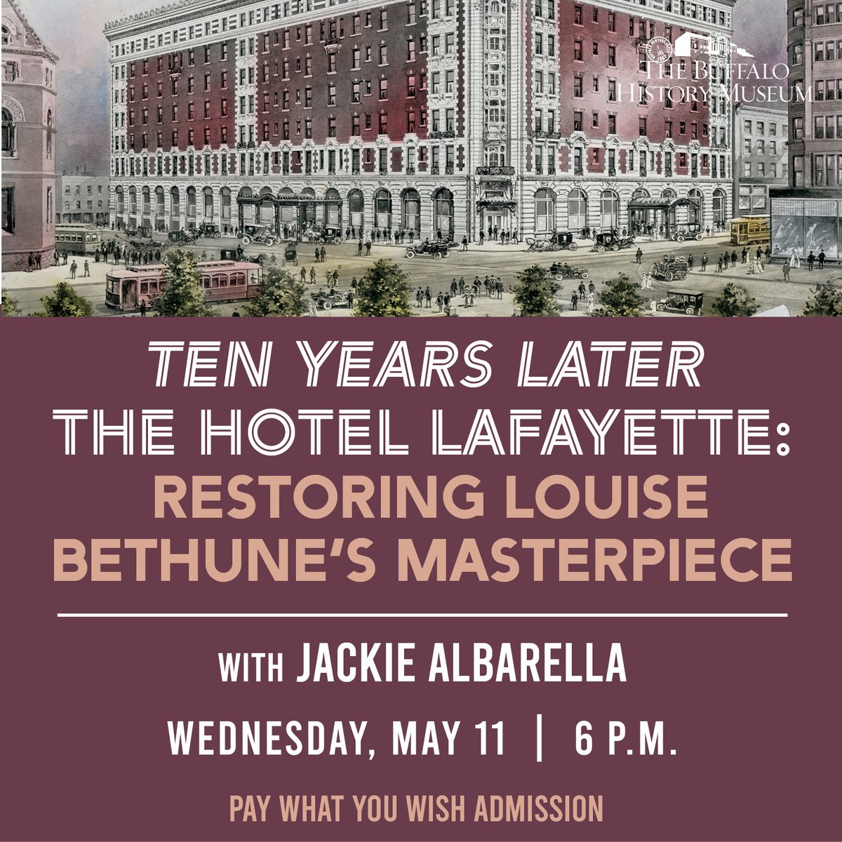 BuffaloHistory's tweet photo. This Wednesday: Buffalo’s award-winning documentary maker and artist, Jackie Albarella, will share her experience of chronicling the restoration of the Hotel Lafayette ten years ago. Join us! #BuffaloNY #BuffaloHistory #Experiencinghistorywithyou https://t.co/sR2jDhgiBS