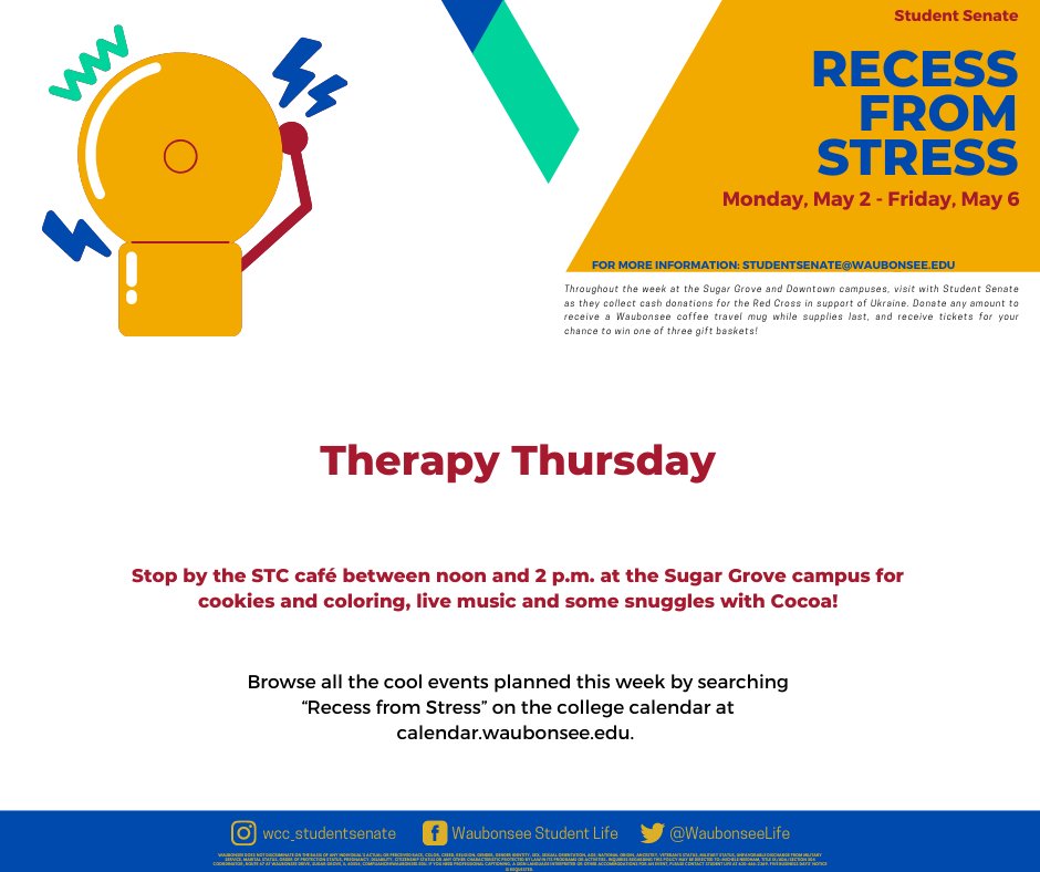 Self-care and chill. Stop by the STC café TODAY at the Sugar Grove campus between noon and 2 p.m. for cookies and coloring, live music with JD Eicher and some snuggles with Cocoa - the therapy dog! 🐶🍪🎤 #recessfromstress