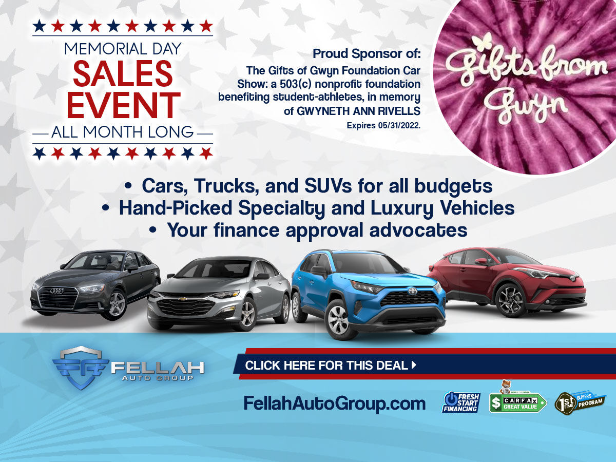 FellahAuto's tweet photo. Our MONTH LONG Memorial Day Sale starts NOW!

We have Cars Trucks and SUVs for all budgets, and hand-picked specialty and Luxury Vehicles.

This month, our sales will benefit the Gifts from Gwyn Foundation's annual car show coming in june!

@giftsfromgwyn https://t.co/XzN8B3urwI