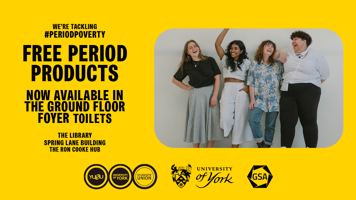 GSAYork's tweet photo. A BIG WIN for students!

We're really proud to announce a trial run of FREE sanitary products on campus!

You'll find them available in the Library, Spring Lane Building, and the Ron Cooke Hub. https://t.co/RcheFYUJNH