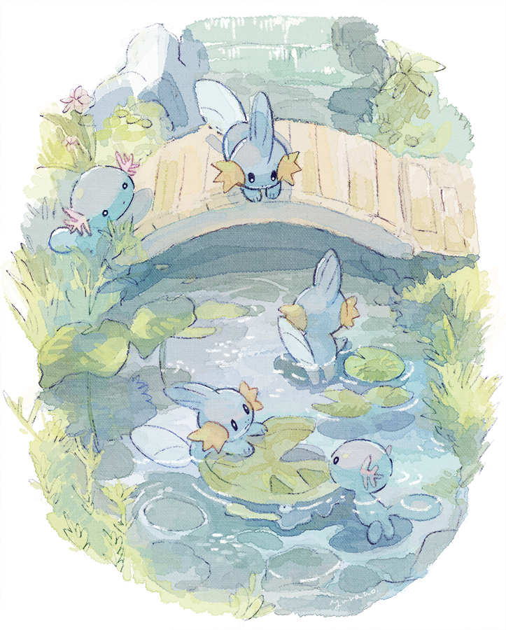 mudkip no humans pokemon (creature) water lily pad grass outdoors swimming  illustration images