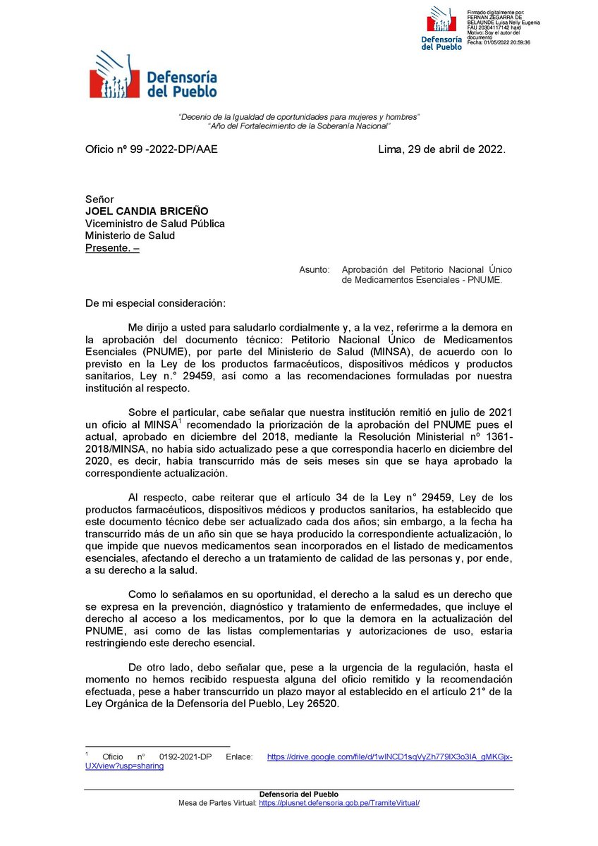 Defensoria_Peru's tweet photo. Reiteramos al @Minsa_Peru el deber de actualizar el Petitorio Nacional Único de Medicamentos Esenciales (PNUME) en cumplimiento de la Ley n.° 29459. Ha transcurrido más de un año, desde diciembre de 2020, en que se venció el plazo para su actualización. #DerechoALaSalud (1/2) https://t.co/2rErjWHr80