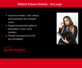 Do you live in Milford?! Make a plan to vote Vic Jalyn Powell on May 10th. Polls are open 7am-8pm.