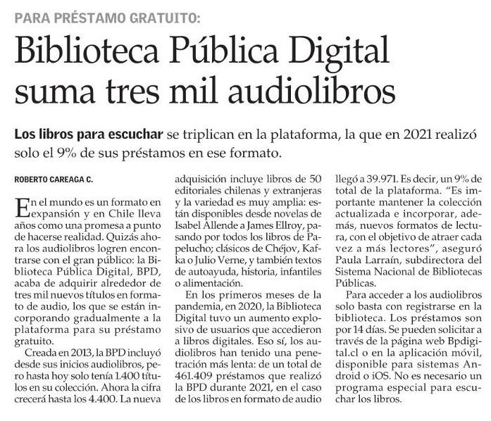 BPDigital_cl's tweet photo. 🟡 El Mercurio de hoy destaca la incorporación de tres mil audiolibros en nuestra plataforma.

Descúbrelos en la colección especial "Novedades audiolibros" y escúchalos GRATIS con BPDigital en tu celular, tablet o computador 📚📲💻 https://t.co/TXO6PPOXgz