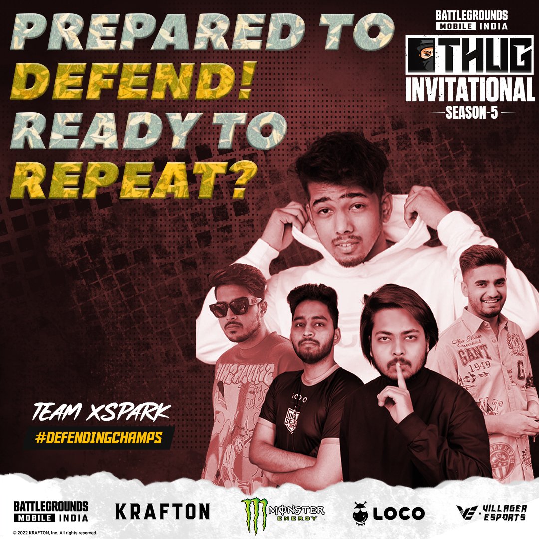 villageresports's tweet photo. Is Team XSpark ready to defend their title?
Join us on the Live Action of #ThugInvitationalS5 on 9th May 1:30 PM onwards
@getloconow @monsterenergy @8bit_thug
#ThugInvitational #ThugInvitationalS5 #UnleashTheBest #MonsterUltraIndia #MonsterEnergy #VillagerEsports #VE https://t.co/il09DiCXz5