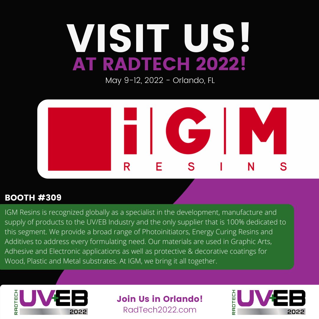 igmresins's tweet photo. Visit us at #Radtech2022, May 9-12, 2022 - Orlando, FL.
The world’s largest event dedicated to the educational, technical, and scientific advancement of ultraviolet (UV) and electron beam (EB) technologies.
https://t.co/ViViHWgwdO
#UVCoating #UVInks #EnergyCuring https://t.co/1dXpt0Cx5A