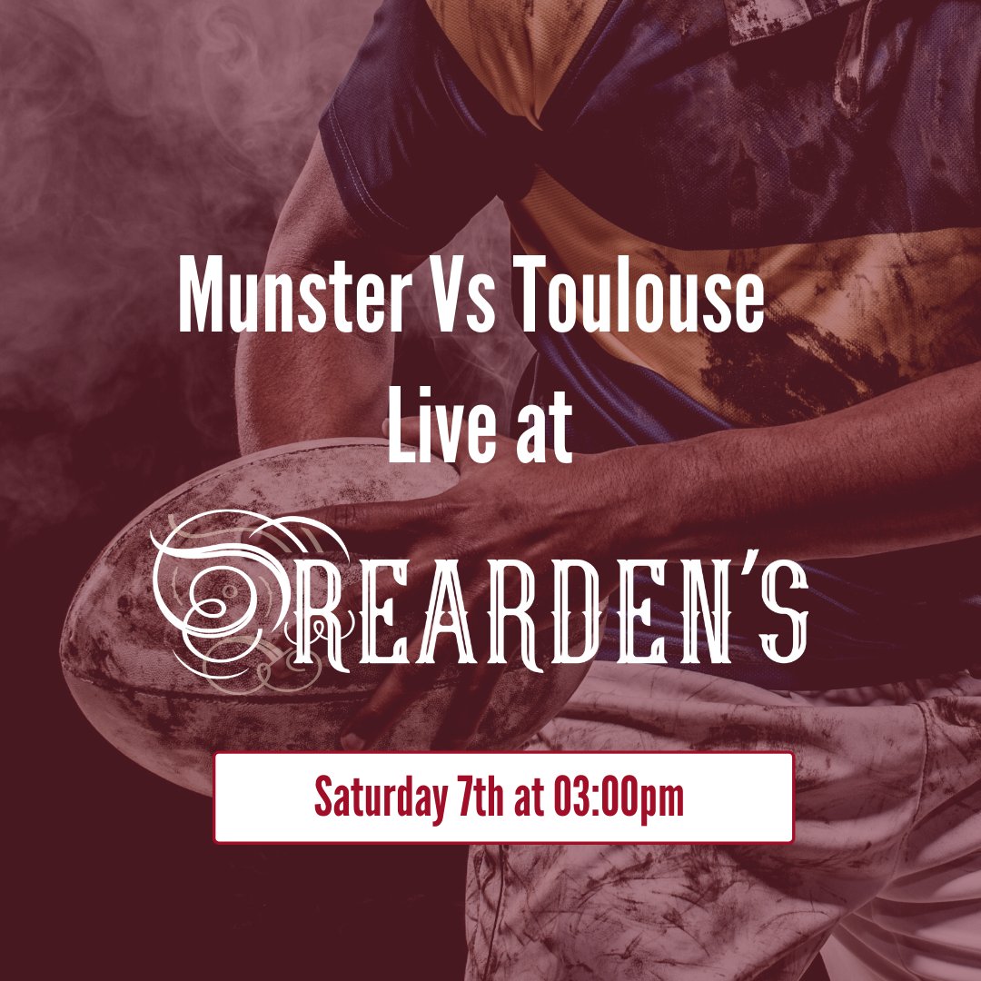 Join us this Saturday from 3pm as Munster take on Toulouse 🏉

Catch the Live action here on our BIG SCREEN 🥂

#LiveSport #Reardens #CorkCity #LiveMusic