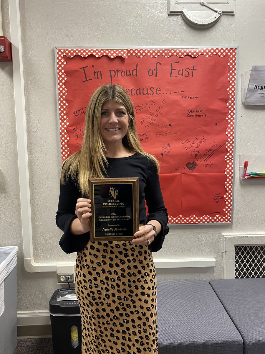 Dsmeast's tweet photo. So proud of Ms. Natalie Madsen for being named @DMschools High School counselor of the year. Ms. Madsen is the PLC lead for her team and they are nothing short of amazing. Proud of you and all the great things you do for East. #scarletstrong https://t.co/62f6j0clYH
