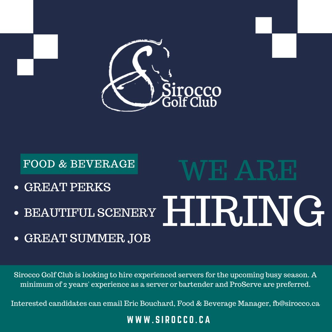 Sirocco Golf Club is hiring in the Food &amp; Beverage Department!
#YYCGolf #YYC