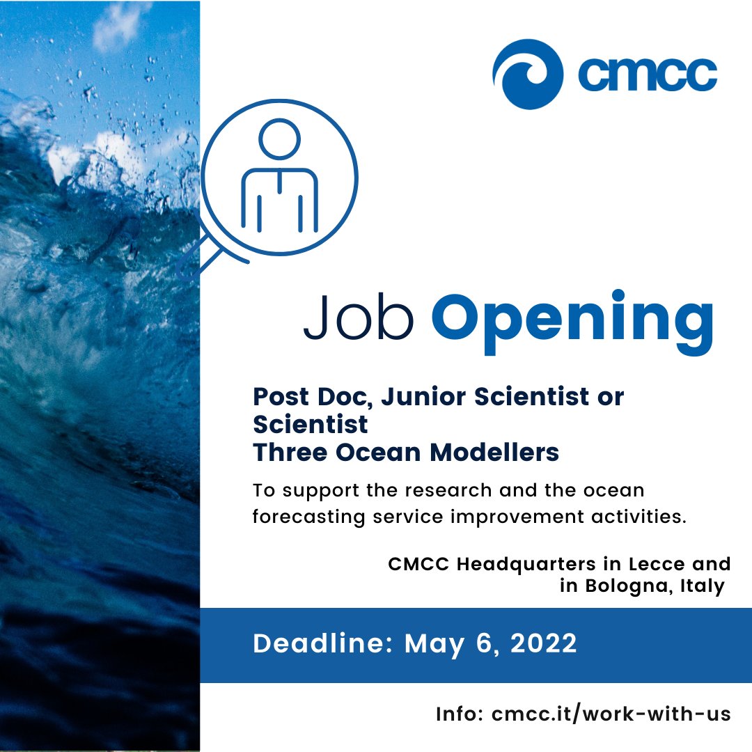 CmccClimate's tweet photo. #Reminder | Tomorrow, May 6, is the last day to apply for this position and join the CMCC ocean modelling group!
β‘οΈ Apply now! https://t.co/pxQtfi0fkH
#WorkwithUs #JobOpening #WeAreCMCC
#ocean #oceanmodelling #OceanPredict #OceanDecade #Copernicus #CopernicusMarineServices https://t.co/BO0GYagRSR