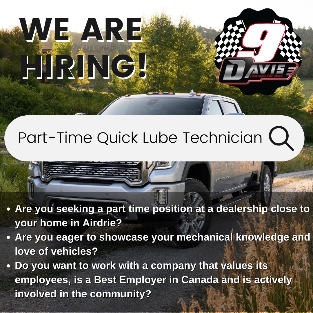 Davis Chevrolet has the perfect position for you! Join our busy service department as an Express Lube Technician. This is a Part-Time position, where the successful candidate will work a varied schedule of 20-22 hours per week. davisdashboard.ca/careers/view/6…
