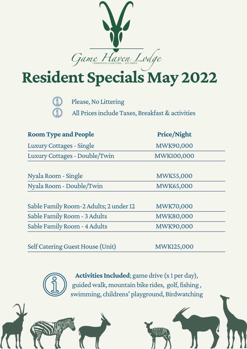 Resident specials for the month of May.

Discover Game Haven Lodge.

#familyfun #GameHavenLodge #Malawi #weekendsaway #familyfriendly #gamehavenlodge #activities #thegreatoutdoors #active #weekends #funwiththefamily #Malawi