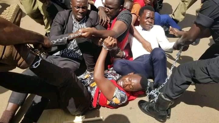 DoreenNyanjura's tweet photo. Unable to afford basic necessities for their education, today these university students armed with placards decided to peacefully demostrate what they're going through.

They were brutally arrested &amp; told to go back to their homes &amp; eat cassava if they can't afford education. https://t.co/D1MWeW3F6v
