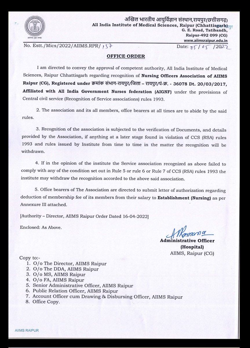 naiimsrpr's tweet photo. @naiimsrpr is happy to share the Recognition of Our NAIIMS Raipur by AIIMS Raipur today i.e. on 5/5/22
Thank you all for your support
We thank our @aiims_rpr ADMINISTRATION
With great power comes great responsibility
JAI NAIIMS💪🏻
#aiims #naiimsraipur #naiims #aiimsraipur #aignf https://t.co/Adnjncmmtb