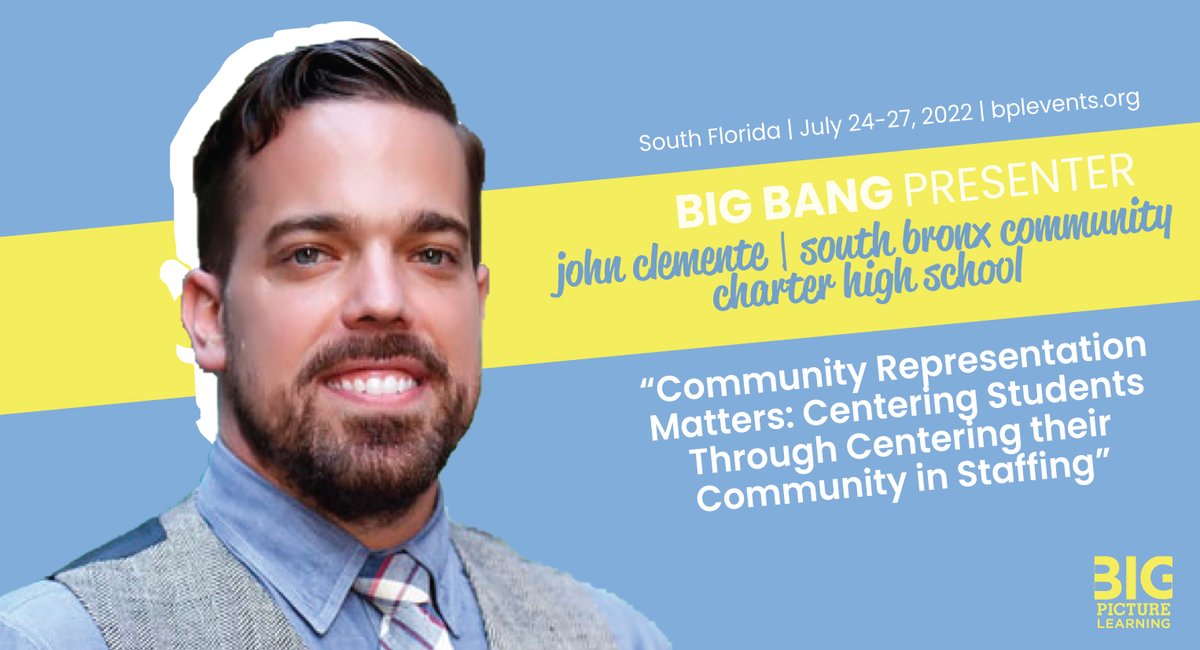 bigpiclearning's tweet photo. Does your students see themselves in your school staff? @johnclemente of @SBXCharter is coming to Big Bang 2022 to talk about the importance of community representation in staffing. Check out our growing list of #thebang2022 presenters over at https://t.co/xRnD5WOYRF https://t.co/yejuOr7edX