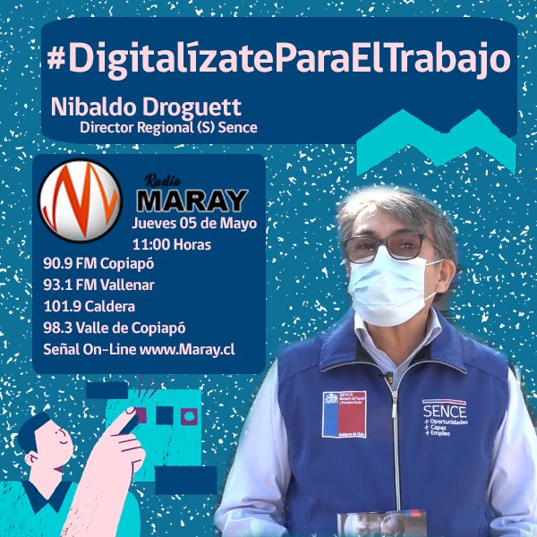 Ya estamos al aire, junto al director regional (S) de Sence por todas las señales de <a href="/radiomaray/">Radio Maray Copiapó</a> informando sobre los requisitos y beneficios del programa #DigitalízateParaElTrabajo 

<a href="/senceatacama/">Sence Atacama</a> <a href="/SenceChile/">Servicio Nacional de Capacitación y Empleo, Sence.</a>