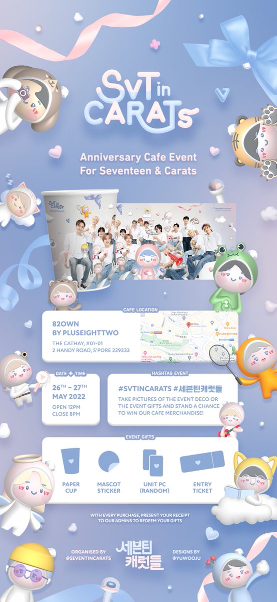 svtincarats's tweet photo. dear #CARAT 💗, come &amp; celebrate #SEVENTEEN ’s 7th anniversary cafe event in SG! 💎 💌 .✧ 

ᴅᴀᴛᴇ : 26ᵗʰ – 27ᵗʰ May 2021 
ᴠᴇɴᴜᴇ : 82own by pluseighttwo
ᴇᴠᴇɴᴛ : #SVTinCARATs #세븐틴캐럿들 

follow @seventincarats for more updates! ｡• *. ｡☆ https://t.co/JC0laOjd8S