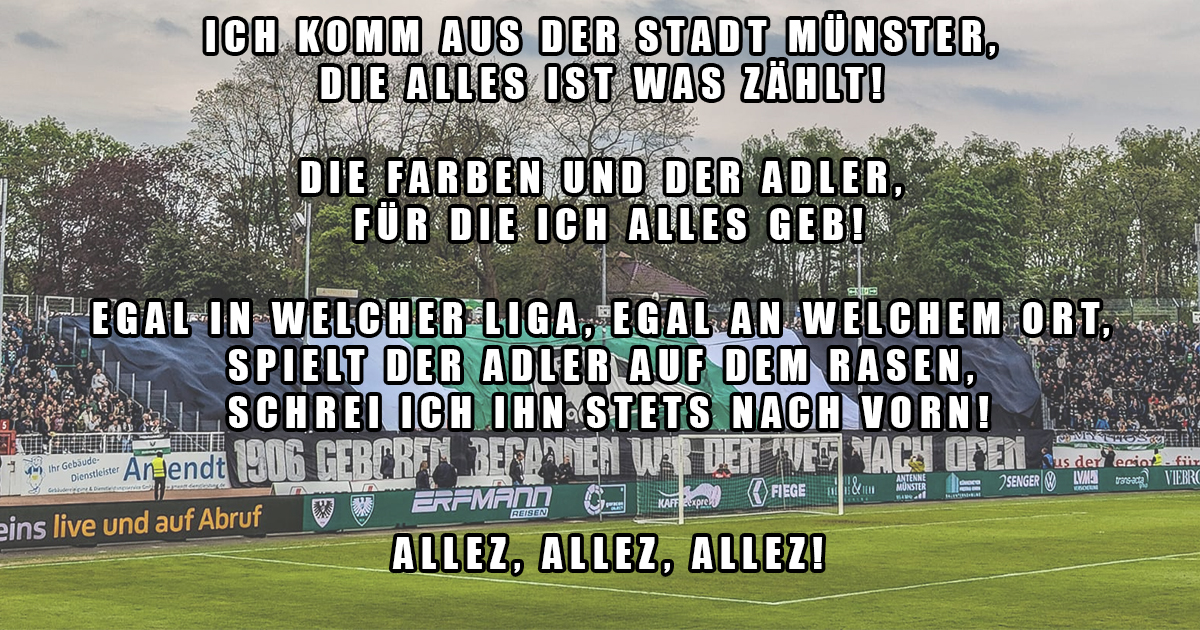 Wir machen einen Preußen-Train durch Social Media. Das Lied der letzten Spiele, welches schon Jahre alt ist. Gebt ein Herzchen, retweetet! Mal sehen, wer von den großen Seiten aus #Münster dabei ist! 
Denn wir kommen aus der Stadt Münster, die alles ist was zählt! 🖤🤍💚