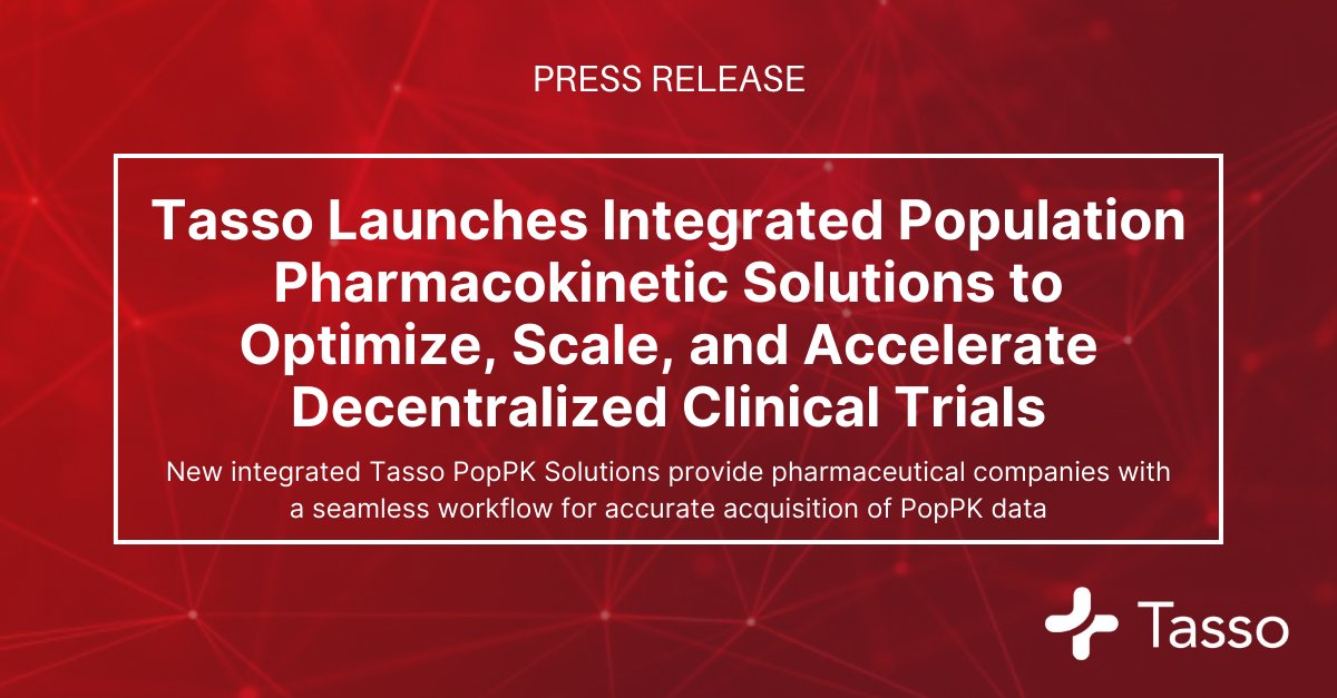 TassoInc's tweet photo. Today, Tasso announced the launch of our integrated solutions for population pharmacokinetics (PopPK). The new Tasso #PopPK Solutions will enable pharmaceutical companies to accelerate decentralized clinical trial efforts. Read the full release here: https://t.co/XJoeYjC08H https://t.co/eqbUcQJqjs