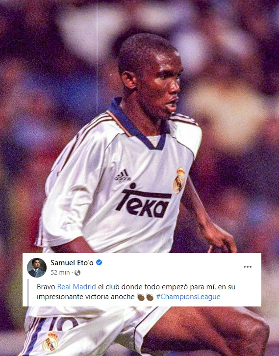 elchiringuitotv's tweet photo. 🔵🔴Esto va a ENFADAR a MÁS DE UN CULER...

😳Samuel Eto'o cuelga una fotografía con la camiseta del Real Madrid felicitando a los blancos. 

⚪️"El club donde todo empezó para mí, impresionante victoria anoche". https://t.co/kXAERbKYps