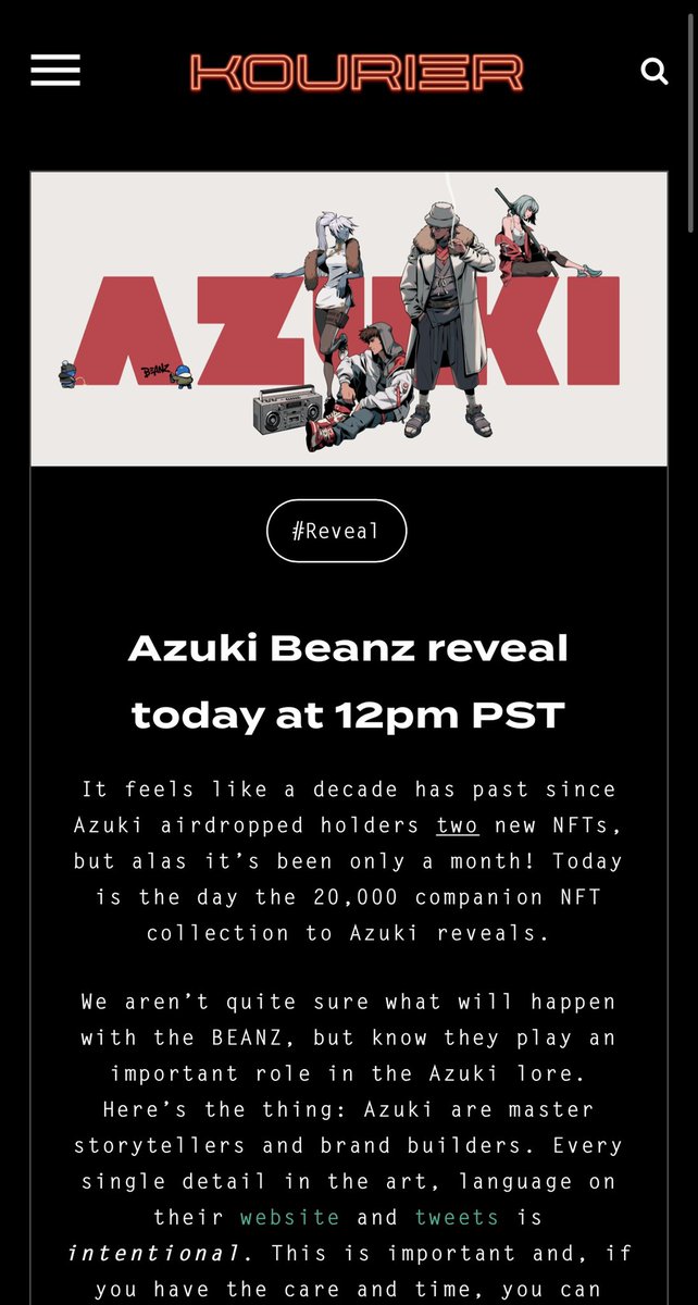 Today at 12pm <a href="/AzukiOfficial/">Azuki</a> Beanz reveal!

Read on The Kourier: cryptokourier.com/azuki-beanz-re…