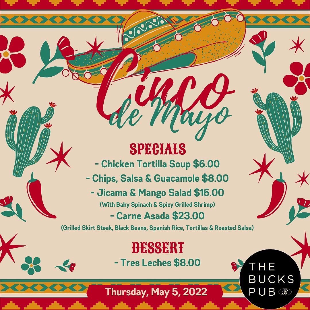 The_Bucks_Club's tweet photo. Happy Cinco De Mayo! 🍸

We will be celebrating Cinco De Mayo at The Bucks Pub with a selection of menu and drink specials!

Give us a call at (215)343-0350 ext 107 or email mare@thebucksclub.com to make your reservations! 📞 

**Open to the public** https://t.co/H8zjnUDM4o