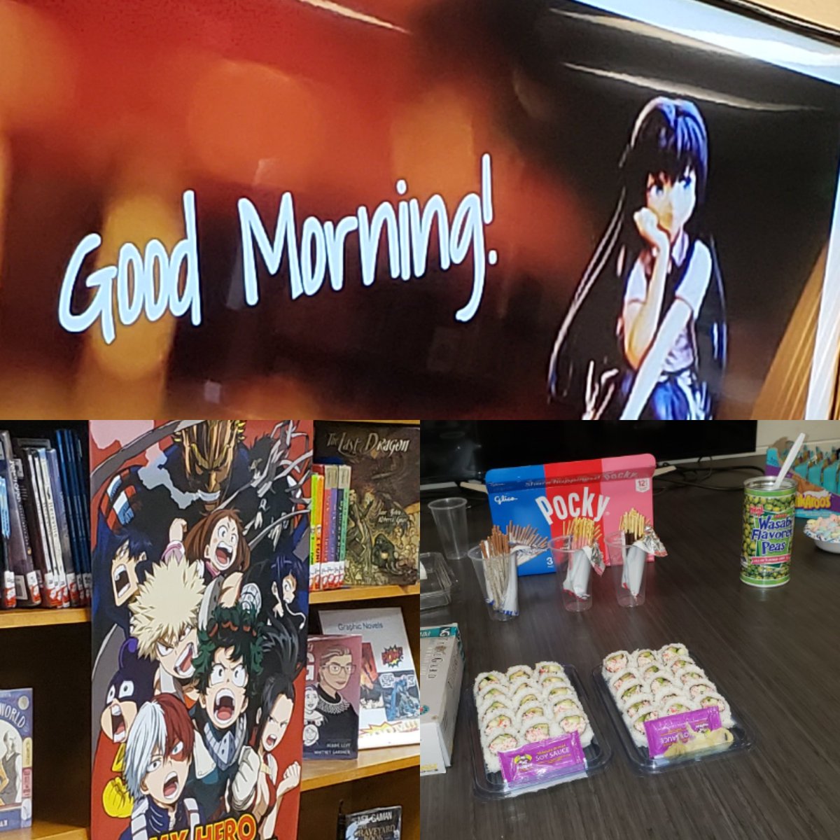 Library_PVMS's tweet image. Perfect morning for our make-up Wasabi Wednesday! (I know it&apos;s Thurs but what goes with Thurs?) Anime, manga, Pocky, sushi, wasabi peas, trying new things and @gkcrewsie #schoollibrarymonthmakeup
#stillcelebrating
#spslib
#manga #anime
#pocky #wasabi