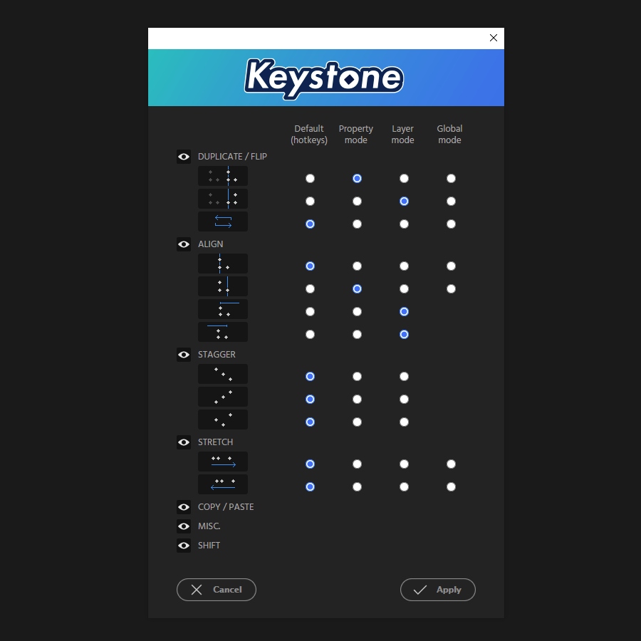 RomainCousin's tweet photo. Some Keystone functions have 3 different modes that can be activated with hotkeys.

If you don't like using these hotkeys the new "Preferences" menu now allows you to customize each function individually!

https://t.co/9i4ShI3jpk

@aescripts #KeystoneAE #AfterEffects #keyframes https://t.co/AdsbDC8aXG