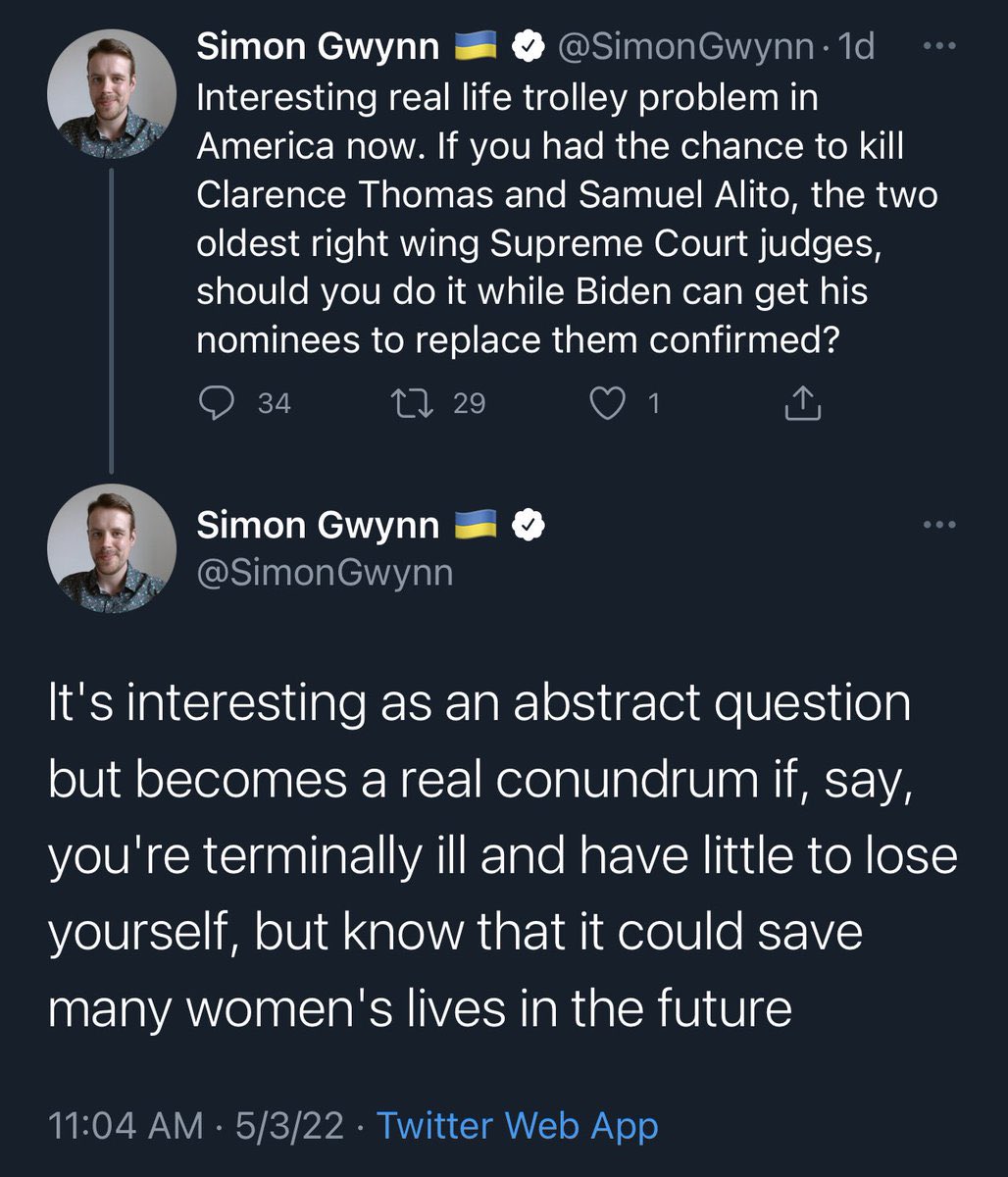 @SimonGwynn Oh hey 👋 I made sure to screenshot the tweets where u are calling for the assassination of 2 SC justices😬 Hey @FBI @ALT_DOJ you going to do anything abt this