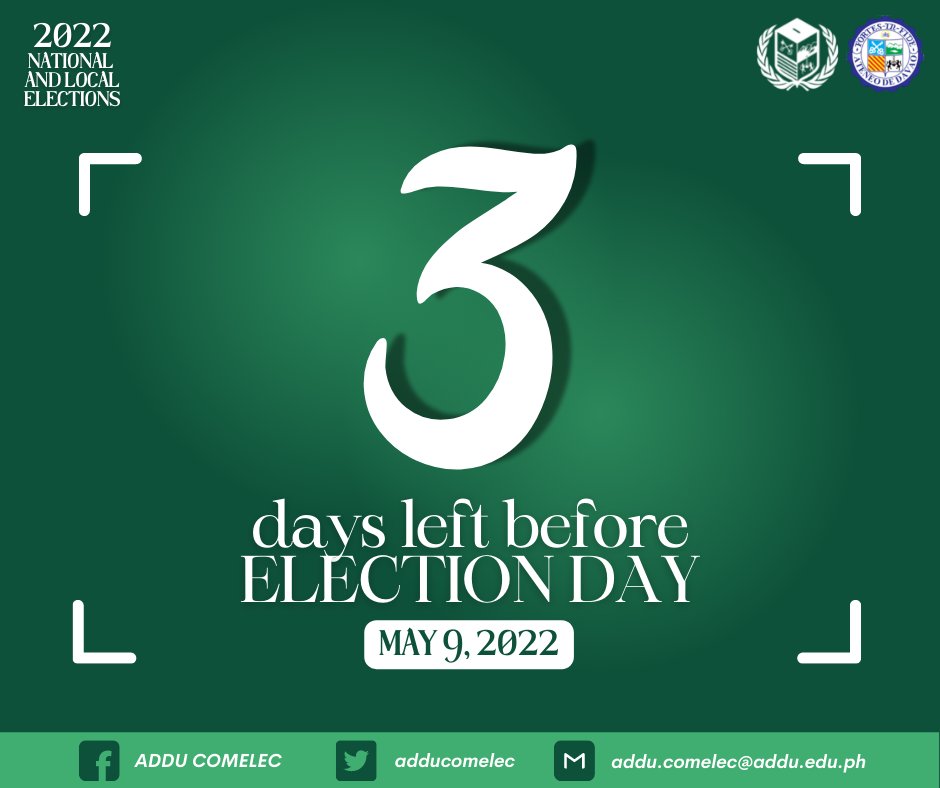 adducomelec's tweet photo. COUNTDOWN | National and Local Elections are on May 9, 2022.
Ateneans, we only have 3 DAYS left before the election day. Let us wield our power to vote for the people and the nation!
#VoteSAFEPilipinas
#NLE2022
#PowerToVote https://t.co/FaRRthlqCI