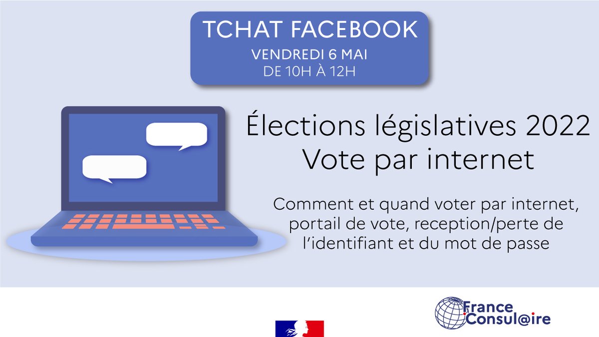 FR_Consulaire's tweet photo. 🗳️#Législatives2022 | 

💬💻Ne ratez pas demain, 6 mai, notre #tchat spécial "vote par internet" de 10h à 12h (heure de Paris).

Laissez vos questions ici 👉https://t.co/RmZp1uh14c

Vous pourrez consulter les réponses écrites à vos questions pendant et après l’événement. https://t.co/3GhcFlzazL