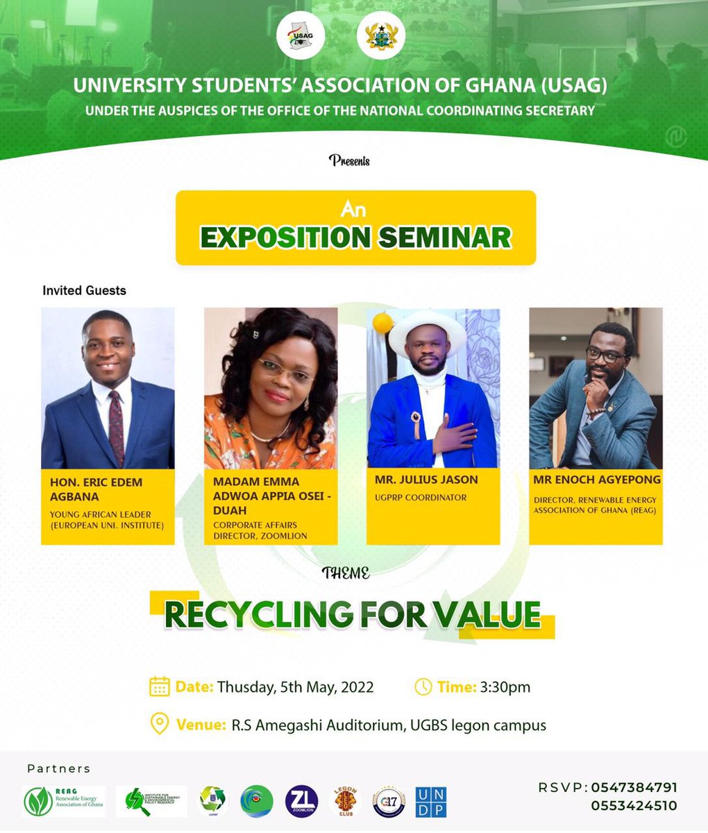 UGPRP's tweet photo. *ALL ROADS LEAD TO THE R.S AMEGASHIE AUDITORIUM OF THE UNIVERSITY OF GHANA 🇬🇭 BUSINESS SCHOOL TODAY*
             - 
*USAG🇬🇭REP EXPOSITION SEMINAR ♻️☘️*
Date: 5th May, 2022(Thursday)
Venue: R.S Amegashie Auditoy (University of Ghana 🇬🇭 Business School)
TIime: 3:30pm 🕞 https://t.co/V7lqmm7Bvi