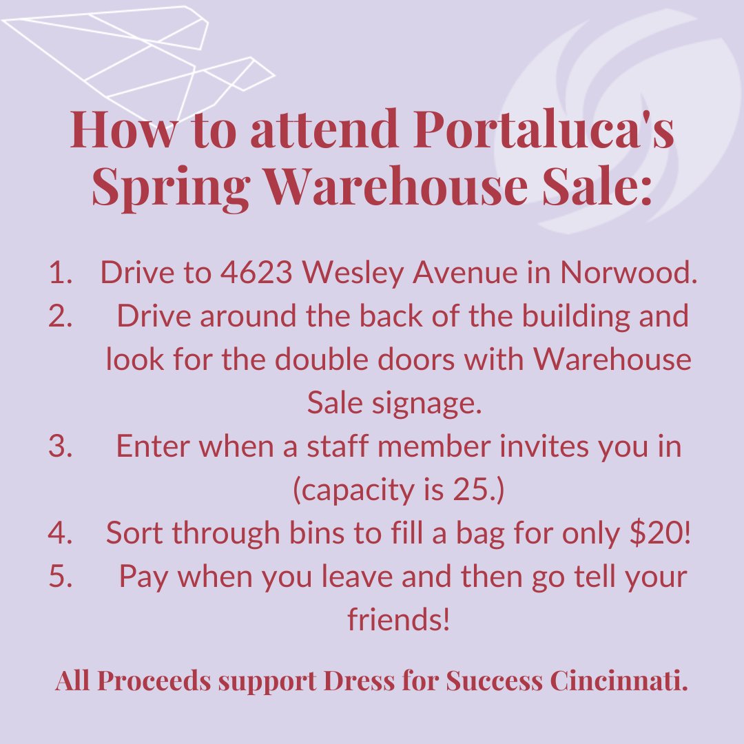 DFSCincy's tweet photo. Fill a bag with fashions for $20 at Portaluca's Spring Warehouse Sale NEXT WEEKEND, May 13-15, in our Donation Center.  Sale hours are Friday &amp; Saturday, 10-5, &amp; Sunday, 12-3. On Sunday ONLY, fill 2 bags for $20! ALL PROCEEDS BENEFIT DFSC! #DFSC #PortalucaBoutique #WarehouseSale https://t.co/n6lAtLMt26