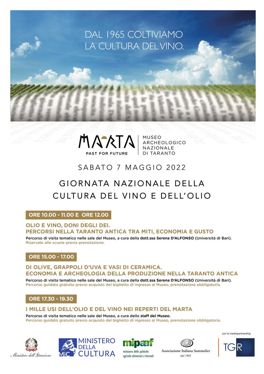 museo_marta's tweet photo. Sabato 7 maggio 2022 il Museo Archeologico Nazionale di Taranto celebra la Giornata nazionale della cultura del vino e dell'olio (GNCVO).
In programma, per la giornata, numerose attività al MArTA. 
#gncvo2022 #museomarta #taranto #pastforfuture https://t.co/Y3uLNGbPui