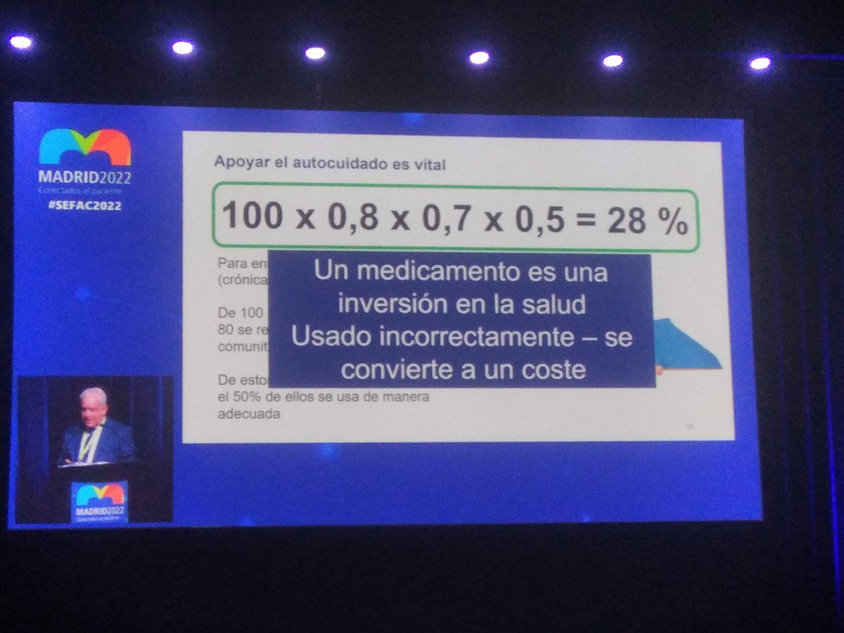 Del 100% de medicamentos presritos se dispensan un 80% de los que los pacientes toman un 70% de los que solo el 50% se toman bien. Así que la eficacia de los tratamientos roza el 28%. Demoledor Lars-Ake en #sefac2022