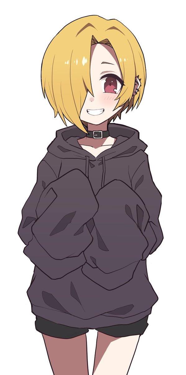 shirasaka koume 1girl solo hood smile hoodie blonde hair sleeves past fingers  illustration images