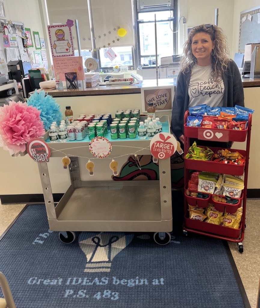JDean2183's tweet photo. Happy Teacher Appreciation Week from the Lightbulb Committee! I have always wanted to have a snack cart readily available for the teachers! This year I was able to make it happen! @ps483matilda @mariacioffi12 @SamYoung610 @District11BX @cristinevaughan https://t.co/NUk5y2NnBN