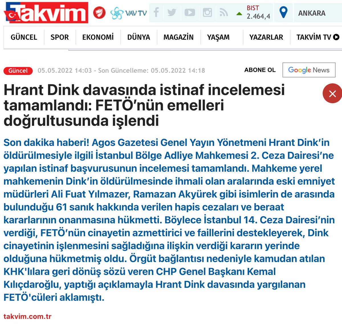 Yalancının mumu yatsıya kadar yanıyor, 
Kılıçdaroğlu’nun mumu her seferinde sönüyor ama hiç yüzü kızarmıyor...

Hrant Dink cinayetinin FETÖ'nün emelleri doğrultusunda işlendiği mahkeme tarafından onandı.

Sorumuzu tekrarlıyoruz ⬇️