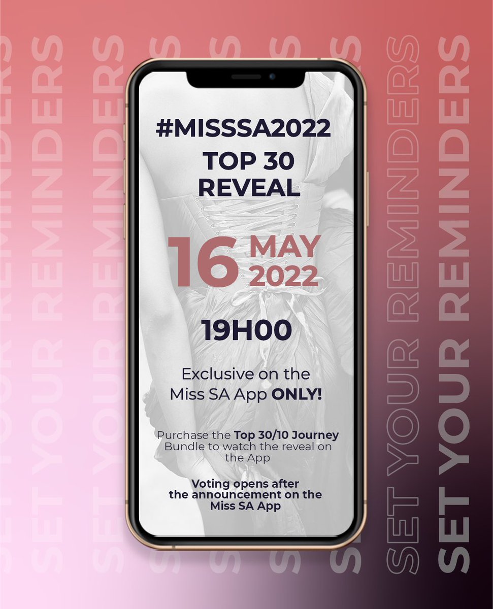 Official_MissSA's tweet photo. Purchase your Top 30/10 Journey bundle TODAY!
 
It will give you access to:
- Top 30 reveal
- Top 30 judging
- Top 10 reveal
 
https://t.co/Nww9Rn53im https://t.co/uFKmfDptDt