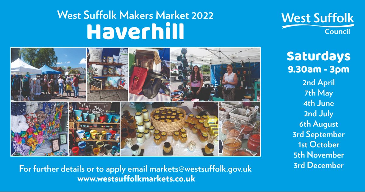 The weather forecast this Saturday looks perfect for a visit to the Makers Market in Haverhill. Enjoy the sunshine and support your local crafts people from 9.30am to 3.00pm ☀️

#Haverhill #haverhillsuffolk #WestSuffolk #Market #supportlocal